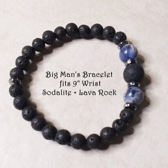 Sodalite + Lava Rock ~ Big Man's Bracelet with Massive Beads - Fits 9" Wrist - Picture 1 of 6